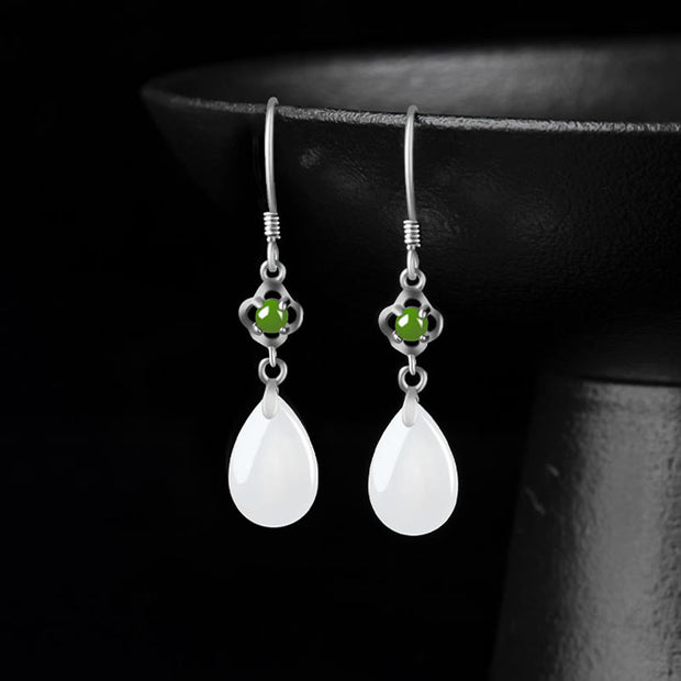 Buddha Stones 925 Sterling Silver Natural Hetian White Jade Water Drop Design Protection Drop Dangle Earrings Earrings BS 1