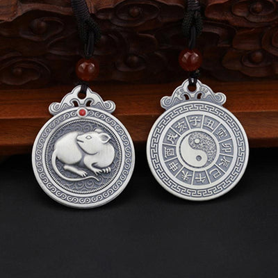 Buddha Stones 999 Sterling Silver Chinese Zodiac Yin Yang Balance Necklace Pendant Necklaces & Pendants BS Rat