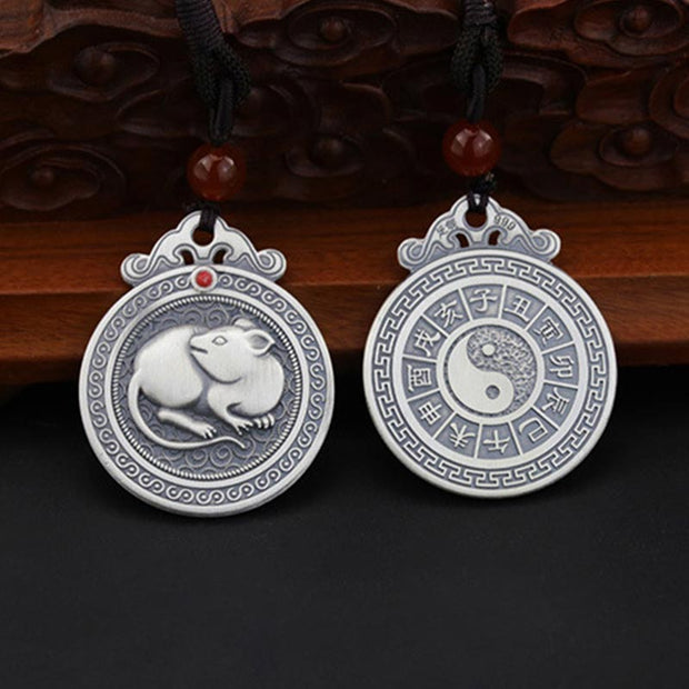 Buddha Stones 999 Sterling Silver Chinese Zodiac Yin Yang Balance Necklace Pendant Necklaces & Pendants BS Rat