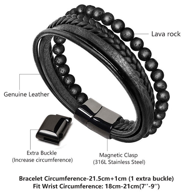 Buddha Stones Natural Lava Rock Black Onyx Bead Leather Bracelet Bracelet BS 3