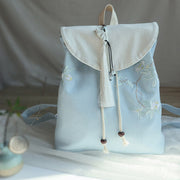 Buddha Stones Handmade Embroidered Large Capacity Canvas Backpack Backpack BS White Tea Flower