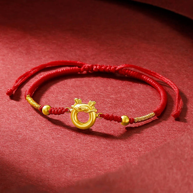 Buddha Stones 999 Sterling Silver Year of the Dragon Peace Buckle Golden Dragon Luck Red Rope Braided Bracelet Bracelet BS Dragon(Wrist Circumference 14-23cm)