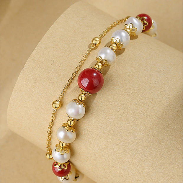 Buddha Stones 925 Sterling Silver Pearl Cinnabar Wisdom Bead Double Layer Chain Bracelet