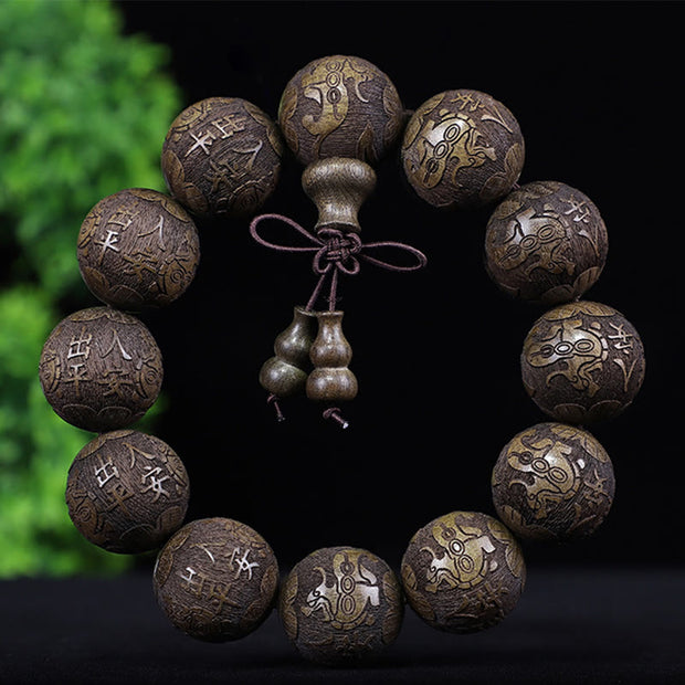 Buddha Stones Chinese Zodiac Rosewood Ebony Boxwood Copper Coin PiXiu Carved Warmth Bracelet Bracelet BS Ebony Safety And Peace