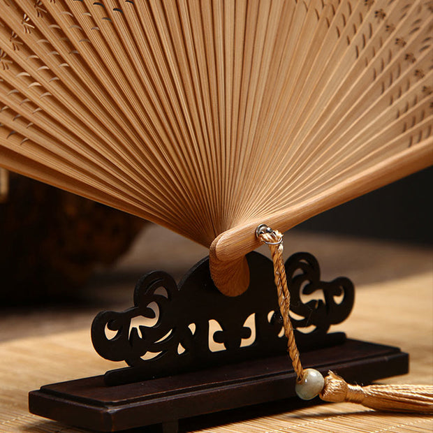 Buddha Stones Retro Hollow Lotus Engraved Pattern Handheld Bamboo Folding Fan