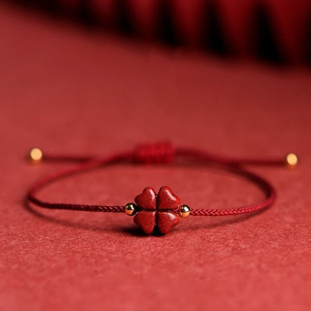 Buddha Stones Natural Cinnabar Four Leaf Clover Blessing Red String Bracelet Anklet Bracelet BS Dark Red Anklet(Anklet Circumference 21-27cm) With Golden Bead