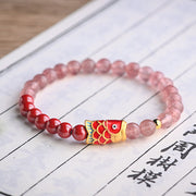 Buddha Stones Natural Strawberry Quartz Cinnabar Lucky Koi Fish Healing Bracelet