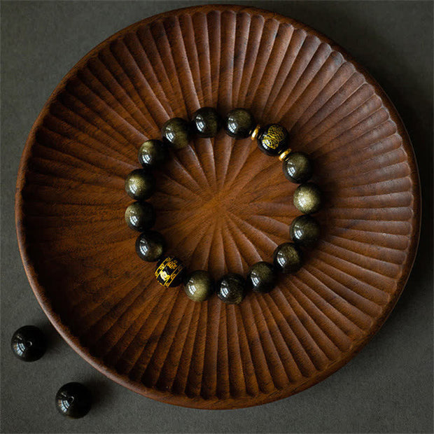 Buddha Stones Chinese Zodiac Natal Buddha Gold Sheen Obsidian Wealth Protection Bracelet Bracelet BS 16