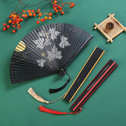 Buddha Stones Vintage Cloud Crane Maple Leaf Pattern Handheld Bamboo Folding Fan
