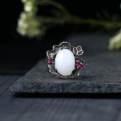 Buddha Stones White Jade Lotus Flower Happiness Blessing Ring Ring BS White Jade(Protection♥Blessing)