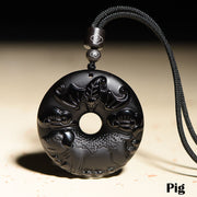 Buddha Stones Chinese Zodiac Natural Black Obsidian Peace Buckle Strength Necklace Pendant Necklaces & Pendants BS Pig