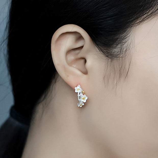Buddha Stones 925 Sterling Silver Plum Blossom Floral Blessing Earrings Earrings BS 7