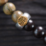 Buddha Stones Tibetan Green Sandalwood Ebony Wood Three-eyed Dzi Bead Fu Character Balance Peace Double Wrap Bracelet