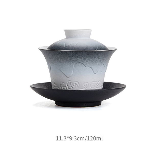 Buddha Stones Retro Blue Ocean Sea Waves Gradient Ceramic Gaiwan Sancai Teacup Kung Fu Tea Cup And Saucer With Lid