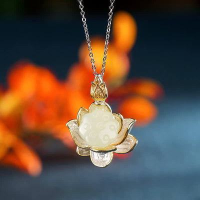 Buddha Stones White Jade Lotus Flower Happiness Necklace Necklaces & Pendants BS White Jade