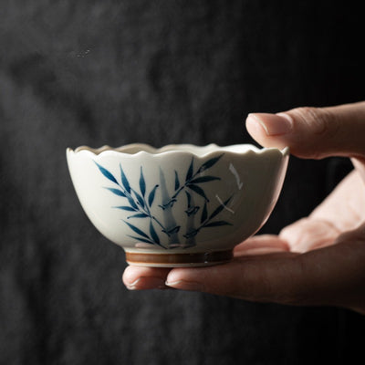 Buddha Stones Small Blue Bamboo Leaves Ceramic Teacup Kung Fu Tea Cup Bowl