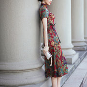Buddha Stones Silk Qipao Dress Retro Flower Leaf Pattern Women's Cheongsam Dress