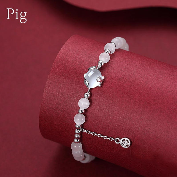 Buddha Stones 925 Sterling Silver Year of the Dragon Chinese Zodiac Natural Cat's Eye Chalcedony Copper Coin Success Bracelet Bracelet BS Pig(Wrist Circumference 14-15cm)