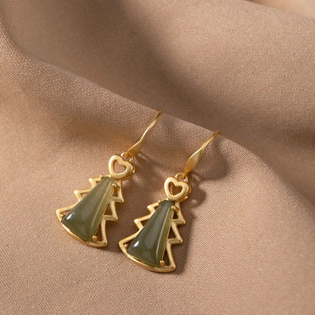 Buddha Stones 925 Sterling Silver Hetian Cyan Jade Christmas Tree Luck Dangle Earrings Earrings BS 4