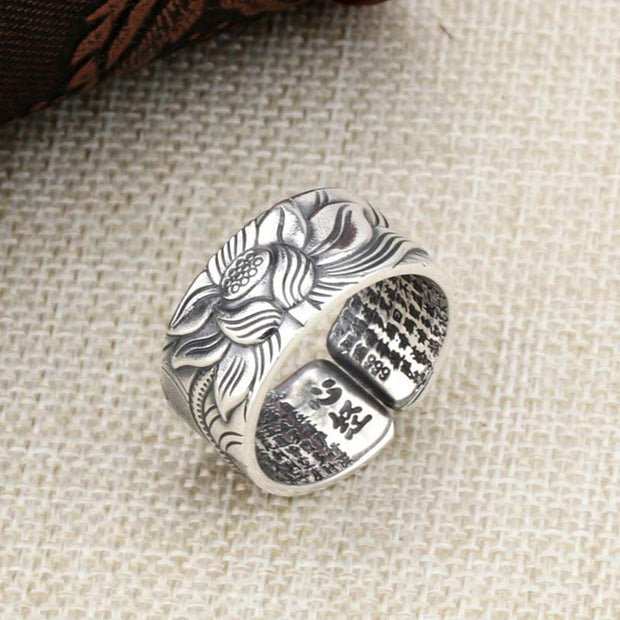 Buddha Stones 999 Sterling Silver Lotus Symbol Heart Sutra Protection Ring Ring BS 8