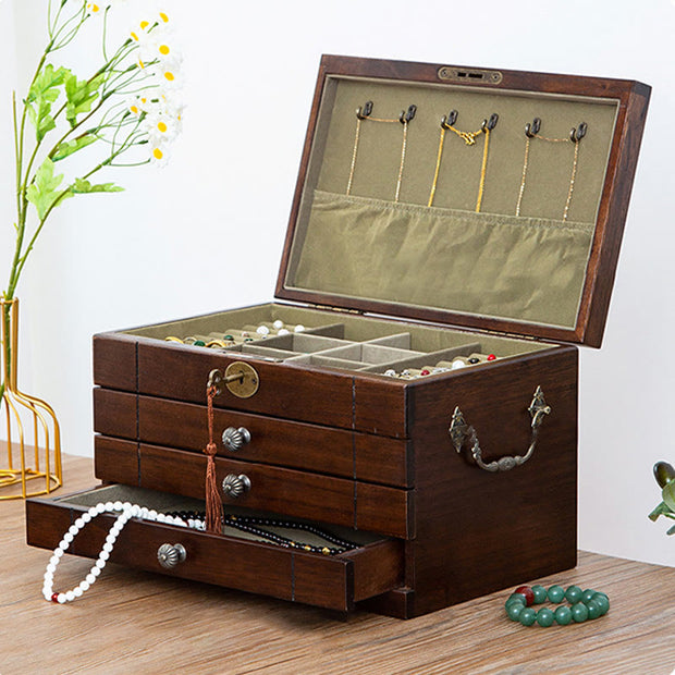Buddha Stones Retro Solid Wood Jewelry Box Four-Layer Wooden Jewelry Storage Box