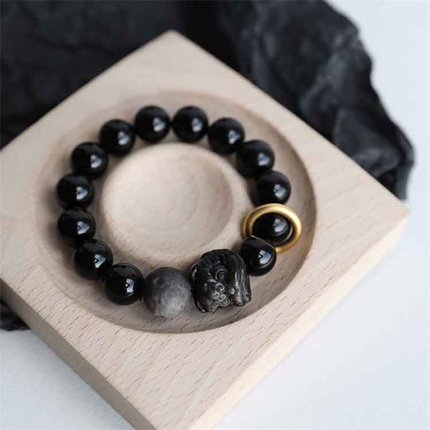 Buddha Stones Black Obsidian Silver Sheen Obsidian Lion Strength Bracelet Bracelet BS 1