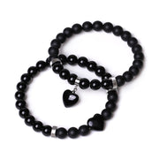 Buddha Stones 2Pcs Black Onyx Crystal Stone Love Heart Protection Support Couple Bracelet