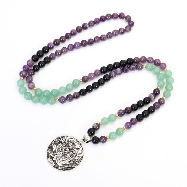 Buddha Stones 108 Mala Beads Amethyst Green Aventurine Lotus Meditation Bracelet Mala Bracelet BS Necklace