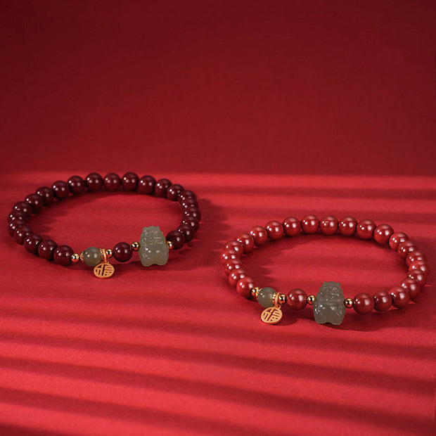 Buddha Stones 925 Sterling Silver Year of the Dragon Natural Cinnabar Hetian Jade Dragon Fu Character Ruyi As One Wishes Charm Blessing Bracelet Bracelet BS 8