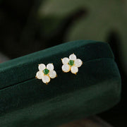 Buddha Stones White Jade Flower Luck Blessing Stud Earrings