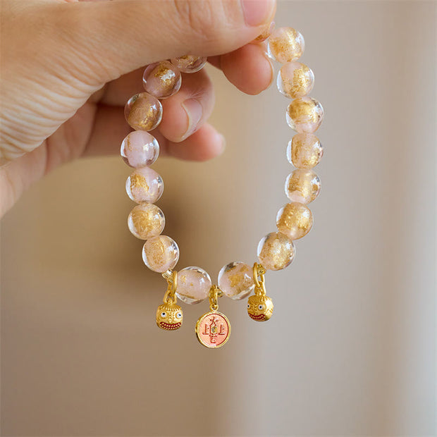 Buddha Stones Gold Swallowing Beast Copper Coin Good Luck Charm Liuli Glass Bead Fortune Bracelet