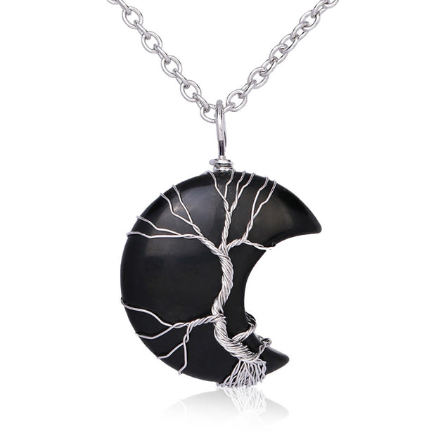 Buddha Stones Natural Quartz Crystal Moon Tree Of Life Healing Energy Necklace Pendant Necklaces & Pendants BS Black Onyx