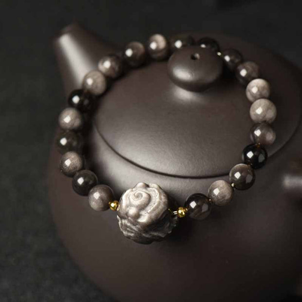 Buddha Stones Silver Sheen Obsidian Lotus Flower Nine Tailed Fox Laughing Buddha Protection Bracelet Bracelet BS 9