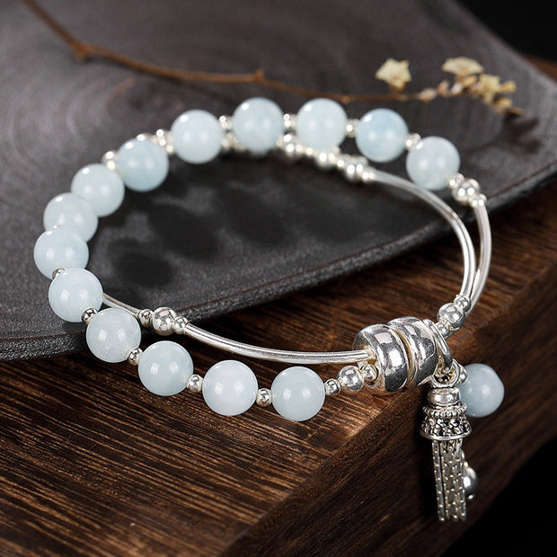 Buddha Stones 925 Sterling Silver Natural Aquamarine Serenity Tassel Charm Bracelet