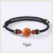 Buddha Stones Natural Peach Wood Chinese Zodiac Fu Character Carved Cinnabar Wealth Bracelet