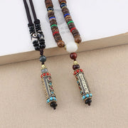 Buddha Stones Tibetan Om Mani Padme Hum Dzi Bead Wenge Wood Necklace Pendant Necklaces & Pendants BS 1