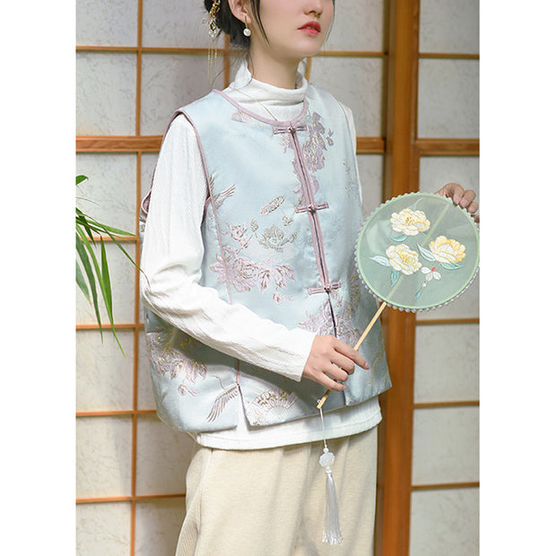 Buddha Stones Crane Flowers Grass Embroidery Clothing Chinese Vest Women Clothing
