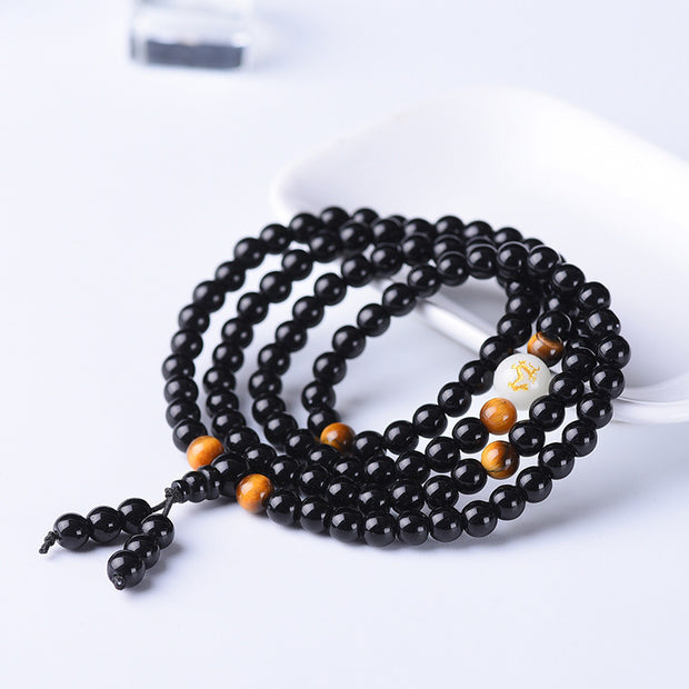 Buddha Stones Chinese Zodiac Obsidian Protection Mala Bracelet Bracelet BS 1