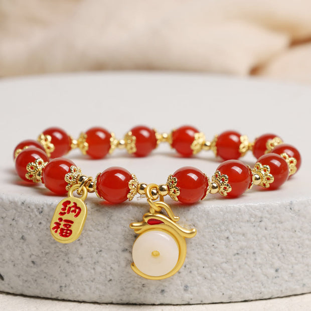 Buddha Stones Year of the Dragon Red Agate Green Aventurine Peace Buckle Fu Character Lucky Fortune Bracelet