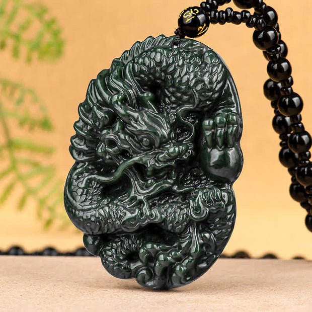 Buddha Stones Hetian Cyan Jade Dragon Success Harmony Necklace Beaded String Pendant Necklaces & Pendants BS 7