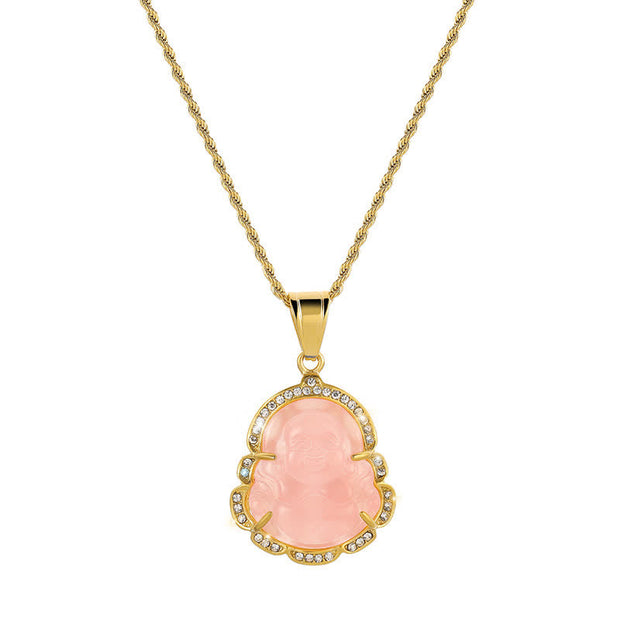 Buddha Stones 18K Gold Filled Laughing Buddha Jade Luck Necklace Chain Pendant Necklaces & Pendants BS Pink