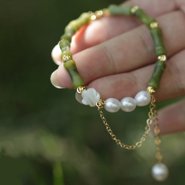 Buddha Stones Green Bamboo Jade Lily of the Valley Wealth Bracelet Bracelet BS Pearl Rose Bamboo(Perimeter 17+5cm)