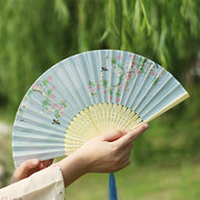 Buddha Stones Classic Birds Singing Flowers Handheld Bamboo Folding Fan