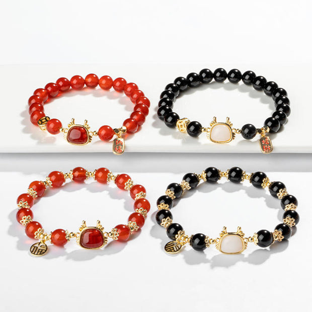 Buddha Stones Year Of The Dragon Natural Red Agate Black Onyx Luck Fu Character Bracelet Bracelet BS 11