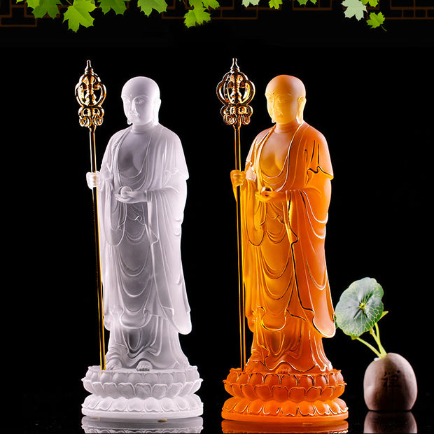 Buddha Stones Handmade Ksitigarbha Bodhisattva Figurine Liuli Crystal Art Piece Serenity Statue Home Decoration