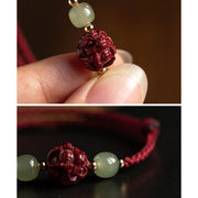Buddha Stones Natural Cinnabar Chinese Zodiac Hetian Jade Fu Character Luck Rope Bracelet Bracelet BS 15