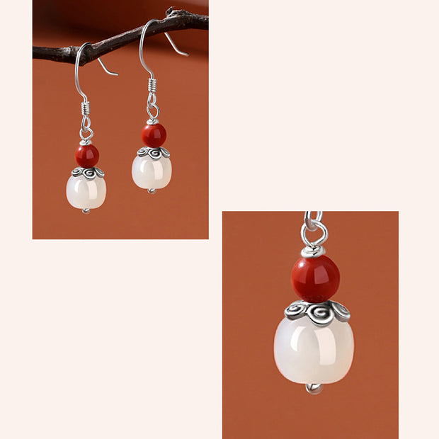 Buddha Stones 925 Sterling Silver Hetian White Jade Pumpkin Red Agate Luck Drop Earrings Earrings BS 4