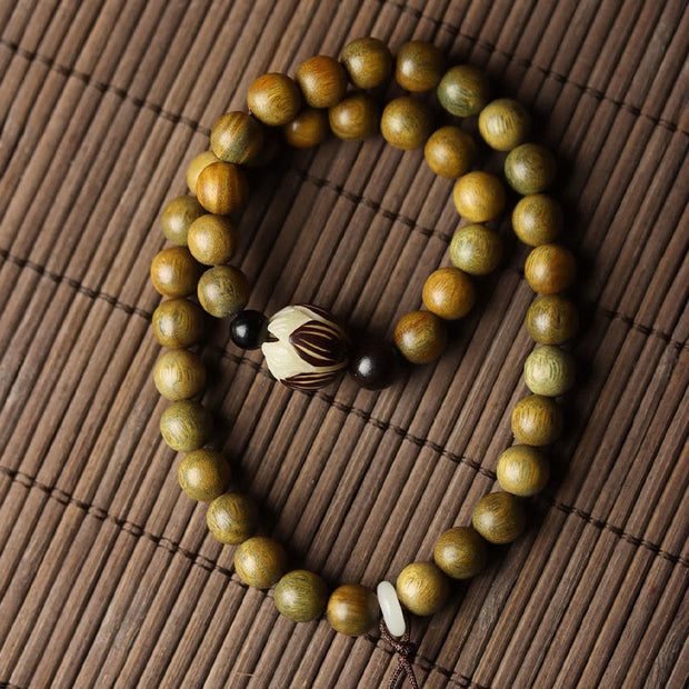 Buddha Stones Green Sandalwood Bodhi Seed Lotus Soothing Double Wrap Bracelet Bracelet BS 3