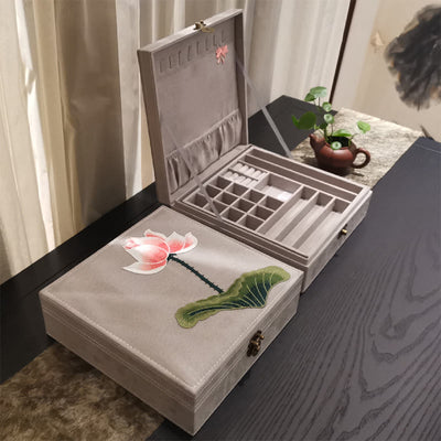 Buddha Stones Lotus Flower Leaf Embroidery Design Jewelry Box Organizer Two-Layer Jewelry Storage Box Flannel Box With Lock