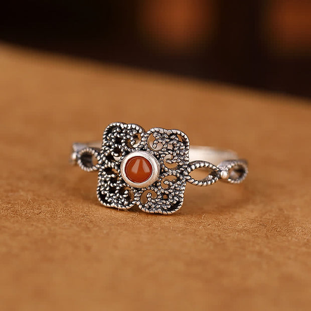 Buddha Stones 925 Sterling Silver Square Red Agate Self-acceptance Ring